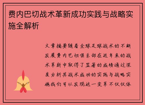 费内巴切战术革新成功实践与战略实施全解析