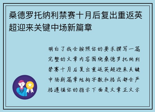 桑德罗托纳利禁赛十月后复出重返英超迎来关键中场新篇章
