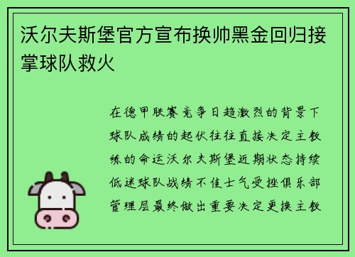 沃尔夫斯堡官方宣布换帅黑金回归接掌球队救火